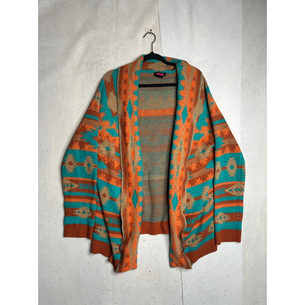 Rock and Roll Cowgirl XL Southwestern Aztec Open Front Cardigan Orange Teal Tan